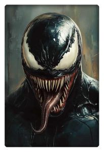 Close-up of Venom with sharp fangs and extended tongue, showcasing an intense and menacing expression.