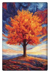 A radiant orange autumn tree standing on a hill, set against a swirling, colorful sky in a vibrant landscape.