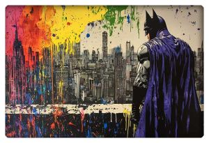 Batman overlooking a city with vibrant splashes of color in the background.