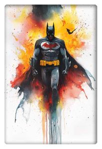 Batman walking forward through vibrant splashes of color, with a watercolor-like background.