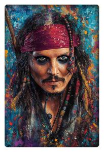 Vivid portrait of Johnny Depp as Captain Jack Sparrow in a colorful abstract painting.