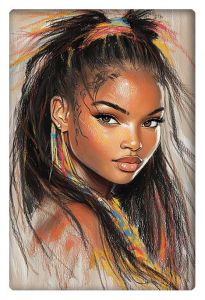 Chalk drawing of a young woman with vibrant colors and captivating expression.