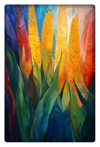 Abstract artwork featuring colorful, vibrant corn stalks with dynamic brushstrokes and bright, bold hues.