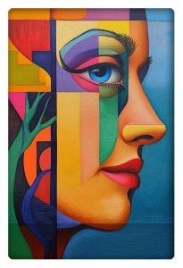 Abstract cubist portrait of a woman’s face in profile, composed of vibrant geometric blocks and rich colors.