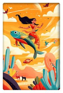 Bright flat illustration of an Indian woman in traditional attire flying on a colorful fish through a surreal desert landscape.