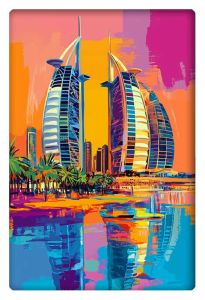 A colorful, pop-art style illustration of iconic twin towers in Dubai, with bold hues of orange, pink, and blue reflecting off the water and palm trees in the foreground.