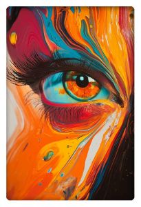 Close-up of a vibrant, surreal eye with splashes of orange, blue, and red paint, creating a dynamic, abstract effect.