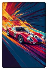 A Ferrari 250 GTO with bright red, orange, and yellow streaks emphasizing speed, set against a dark, dynamic background.