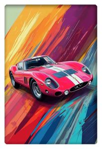 A classic red Ferrari 250 GTO with white racing stripes, set against a vivid, colorful backdrop of dynamic brushstrokes.