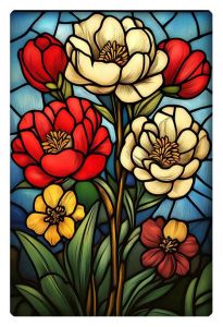 Vivid stained glass-style artwork of vibrant red, yellow, and cream flowers with lush green leaves.