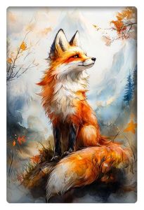 Vividly detailed fox standing proudly amidst autumn mountains and colorful leaves.