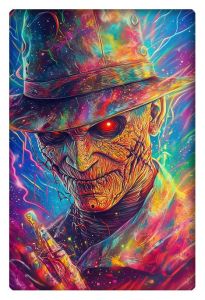 Freddy Krueger from Nightmare on Elm Street in vibrant, neon colors with glowing red eyes.