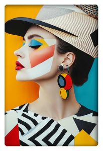 A modern portrait of a stylish woman featuring bold geometric face paint, bright colors, and striking earrings.