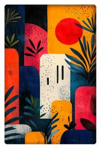 Colorful abstract painting with bold geometric shapes and stylized plants.