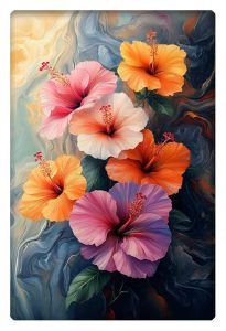 Multi-colored hibiscus flowers on a swirling abstract background.