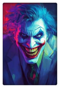 Realistic and colorful portrait of the Joker, with a menacing grin and vibrant neon tones.