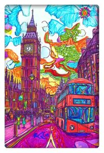 A bold and colorful illustration of London featuring Big Ben, a red double-decker bus, and the bustling city streets, drawn in vibrant hues with a whimsical sky.