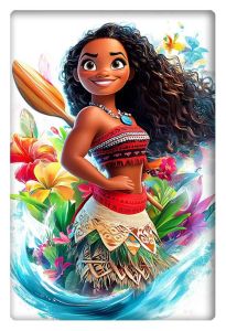 Moana confidently stands with her paddle, surrounded by tropical flow