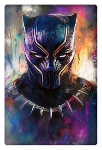 Digital painting of Black Panther with vivid colors, blending shades of purple, orange, and blue, creating a powerful presence.