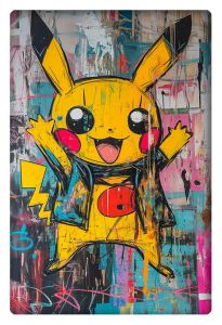 Colorful and abstract Pikachu in vibrant street art style with splashes of graffiti elements.