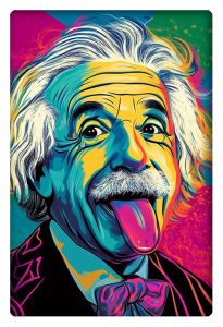 Pop art-style portrait of Albert Einstein in bright, vibrant colors with his tongue playfully sticking out.