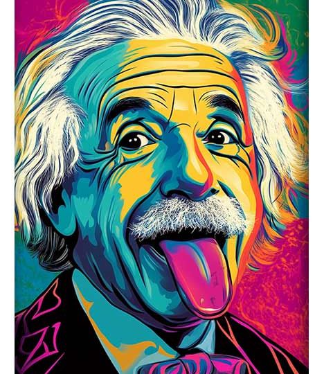 Pop art-style portrait of Albert Einstein in bright, vibrant colors with his tongue playfully sticking out.