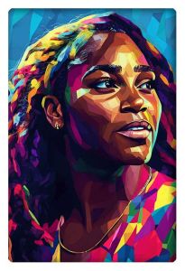 Colorful pop art portrait of Serena Williams, capturing her strength and determination in vibrant geometric shapes.