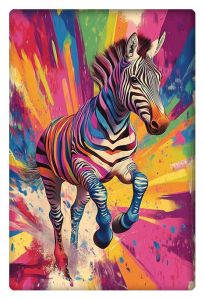 Colorful abstract zebra galloping through a splash of rainbow colors.