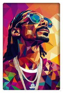 Vibrant geometric vector art of Snoop Dogg wearing sunglasses and a chain in colorful shapes.