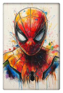 Vibrant Spider-Man doodle with splashes of bright colors and abstract strokes.