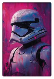 Profile of a Stormtrooper helmet against a vibrant pink and purple background.