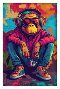 A colorful painting of a monkey wearing headphones and sunglasses, sitting against a graffiti-style backdrop.