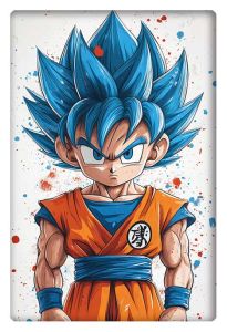 Illustration of Goku in Super Saiyan Blue form, with spiky blue hair and wearing his signature orange Gi, captured in a dynamic and powerful stance.