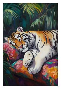 A beautifully detailed painting of a tiger resting on colorful cushions in a lush jungle setting, with vibrant foliage in the background.