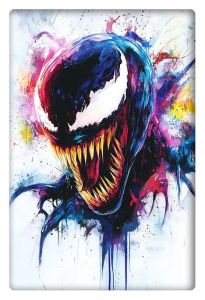 Venom's head in vibrant, splattered colors, displaying sharp teeth and intense detail in a dynamic artistic style.