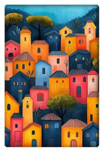 A colorful cubist-style painting of a village with vibrant houses in shades of red, orange, yellow, and blue, set against a dark, lush forest backdrop.