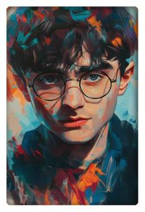 Vivid portrait of a young Harry Potter, painted with bold brushstrokes of blue, red, and orange.