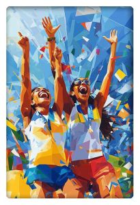 Dynamic low-poly illustration of two women celebrating with raised arms and joyful expressions.