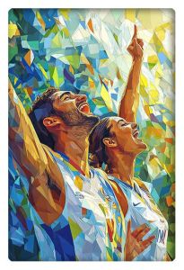 A low-poly illustration of a man and a woman celebrating with their arms raised, bathed in vibrant geometric shapes of color.