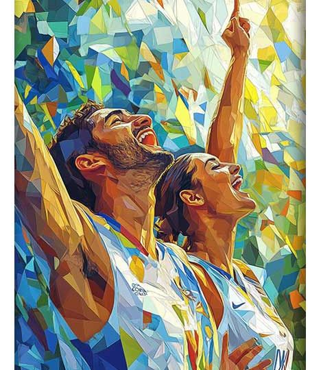 A low-poly illustration of a man and a woman celebrating with their arms raised, bathed in vibrant geometric shapes of color.