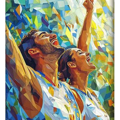 A low-poly illustration of a man and a woman celebrating with their arms raised, bathed in vibrant geometric shapes of color.