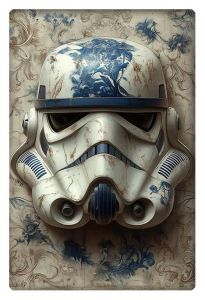 Vintage-style Stormtrooper helmet adorned with intricate blue floral designs on a weathered background.