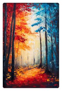 Colorful oil painting of a forest with red, orange, and blue trees.