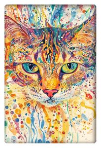 A colorful and intricate watercolor portrait of a Bengal cat, featuring bold and abstract patterns with splashes of paint.