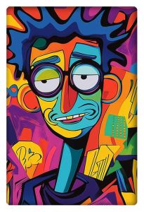 Colorful abstract portrait of a cartoonish man with glasses, featuring vibrant and exaggerated shapes.