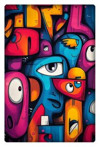 Vibrant abstract cartoonish figures with bold colors and quirky facial expressions.