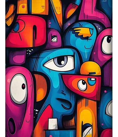 Vibrant abstract cartoonish figures with bold colors and quirky facial expressions.