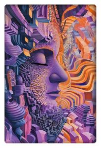 Abstract artwork of a face made of geometric fractals in vibrant orange, purple, and pink hues.