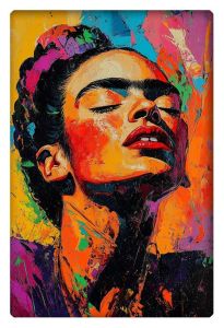 Bold and colorful abstract portrait of a woman inspired by Frida Kahlo, featuring vibrant hues and expressive brushstrokes.