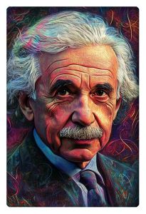 Colorful abstract painting of Albert Einstein with vibrant swirling details.